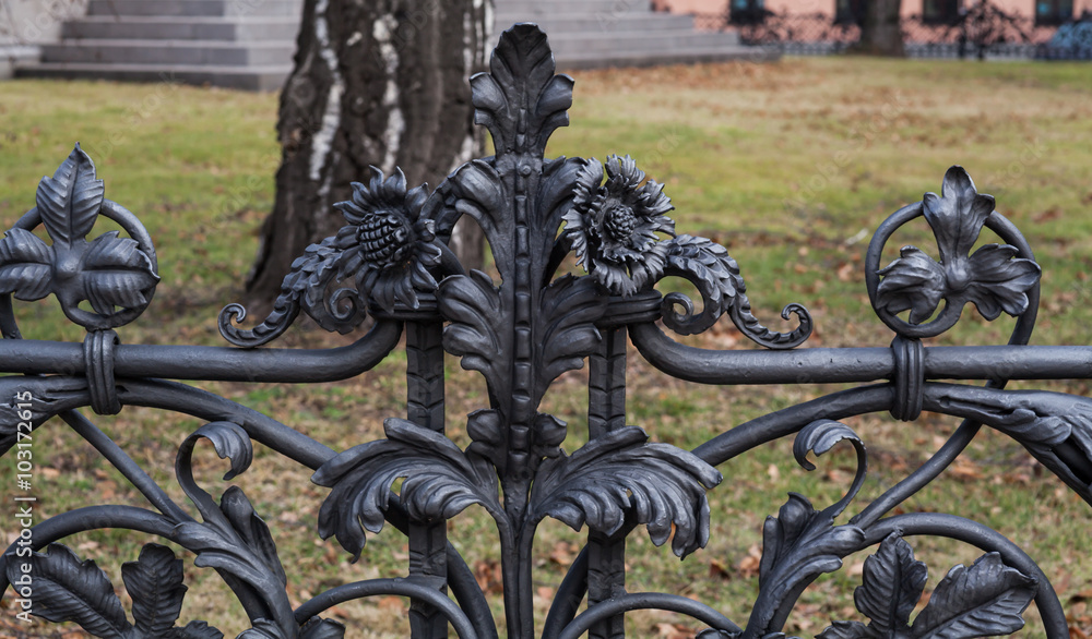 Closeup of beautiful ornate metallic gate at park
