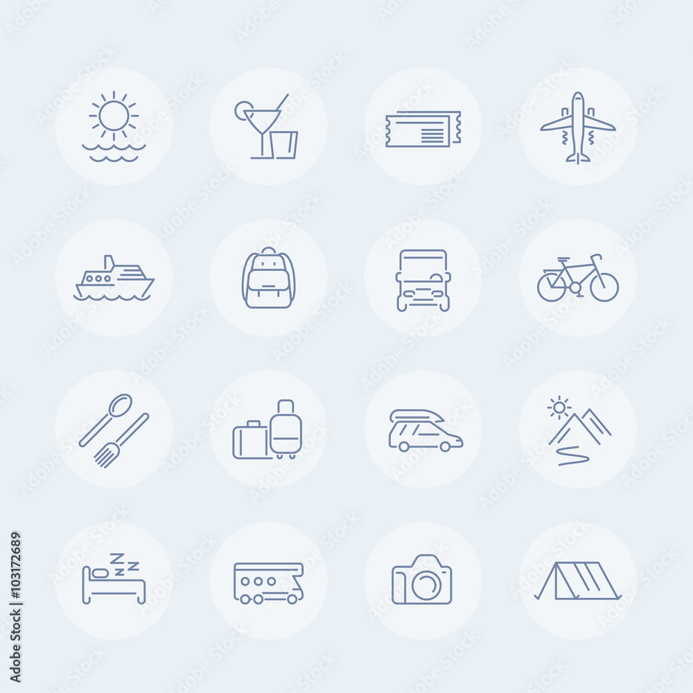 Travel, tourism thin line icons, trip, recreation, vacation, camping, cruise, journey, outdoors, vector illustration