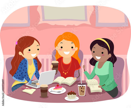 Stickman Teen Girls Coffee Shop Studying