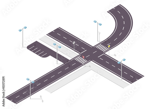 Road, street traffic, info graphic, junction crossway on white. Illustration of crossroads main and side road. Pictogram of city situation set for driving school. Flatten isolated master vector icon.