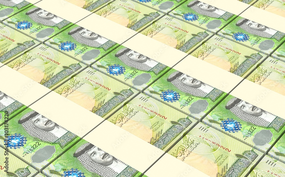 Bahraini dinar bills stacks background. Computer generated 3D photo rendering.
