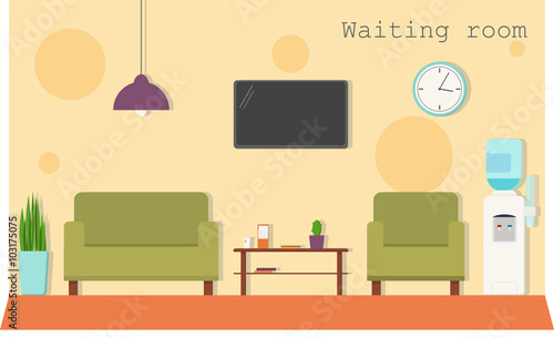 Waiting room with a sofa, armchairs, a coffee table, a clock, a TV and a water dispenser. Vector illustration