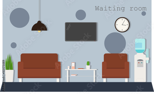 Waiting room with a sofa, armchairs, a coffee table, a clock, a TV and a water dispenser. Vector illustration