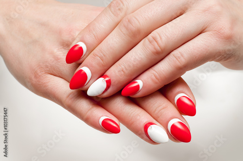 red and white manicure with crystals