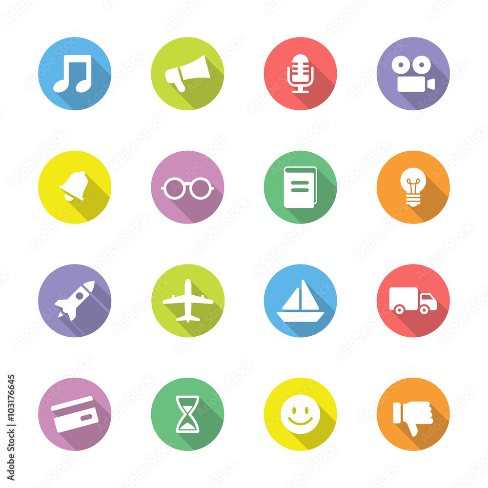 Colorful simple flat icon set 5 on circle with long shadow for web design, user interface (UI), infographic and mobile application (apps) Colorful simple flat icon set 5 on circle with long shadow for web design, user interface (UI), infographic and mobile application (apps)