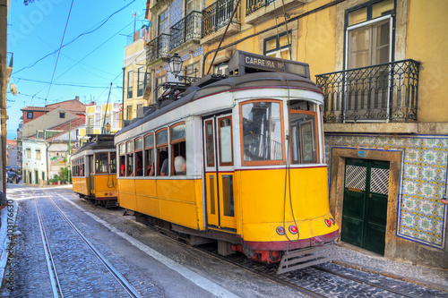 Beautiful image of the traditional yellow trams in Lisbon, Portugal. HDR © dennisvdwater