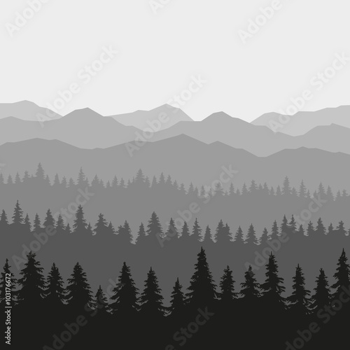 Coniferous Forest and Mountains Background. Vector