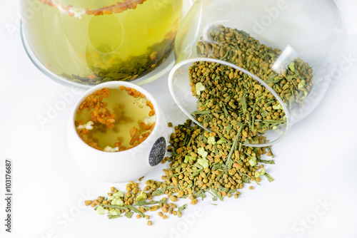 close-up of Japanese tea with rice Genmaicha and brewed tea in a photo