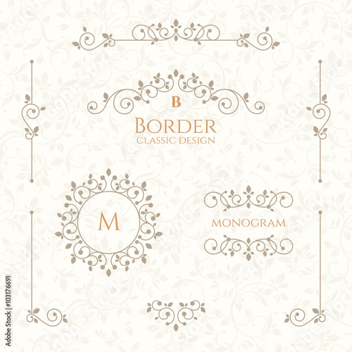 Collection of decorative elements. Vector borders and monograms.