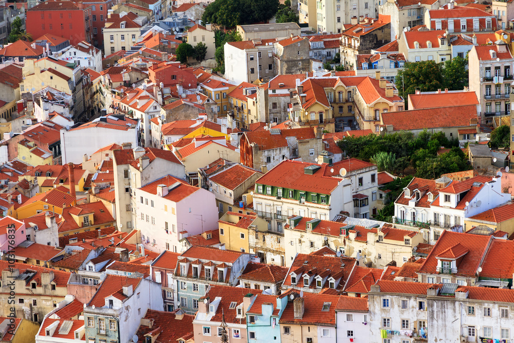 Cityscape of Lisbon, Portugal, with colored houses in summer