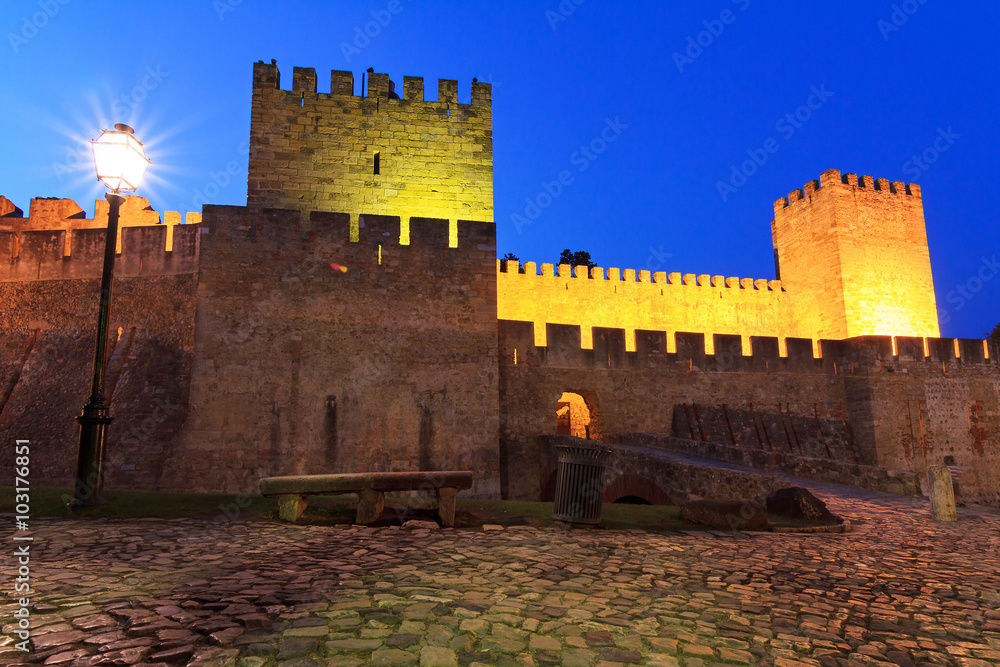 Castle Sao Jorge during the blue hour in the evening in Lisbon, Portugal