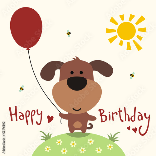 Happy birthday card, funny puppy with balloon, handwritten text