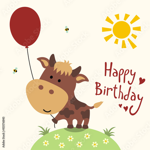 Happy birthday card, vector funny cow with balloon, handwritten text