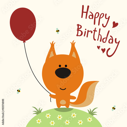 Happy birthday card, vector funny squirrel with balloon, handwritten text