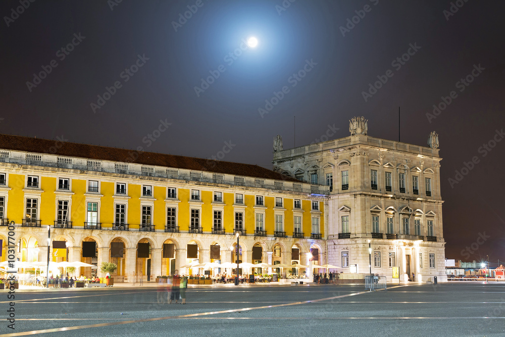 Full moon over the Commerce square in Lisbon, Portugal