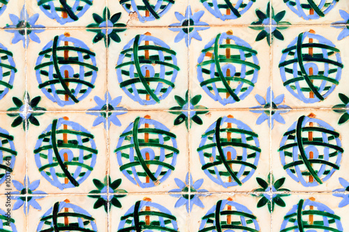 Close up image of the beautifully decorated tiles on the houses in the streets of Lisbon, Portugal