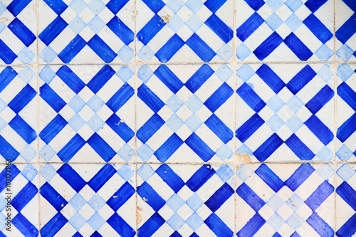 Close up image of the beautifully decorated tiles on the houses in the streets of Lisbon, Portugal