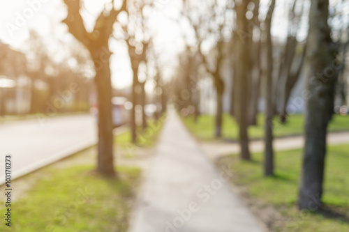 blurred background of small town in spring 