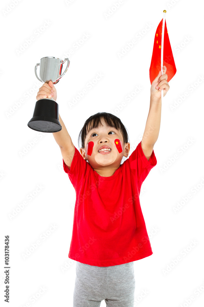Asian Little Chinese Girl Celebrating Victory with a Trophy and Asian Little Chinese Girl Celebrating Victory with a Trophy and