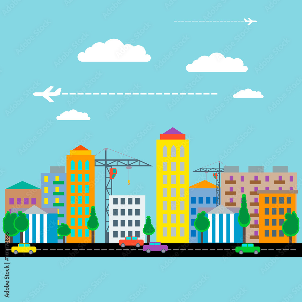 City with houses, cars, crane and plane. Flat design. Vector