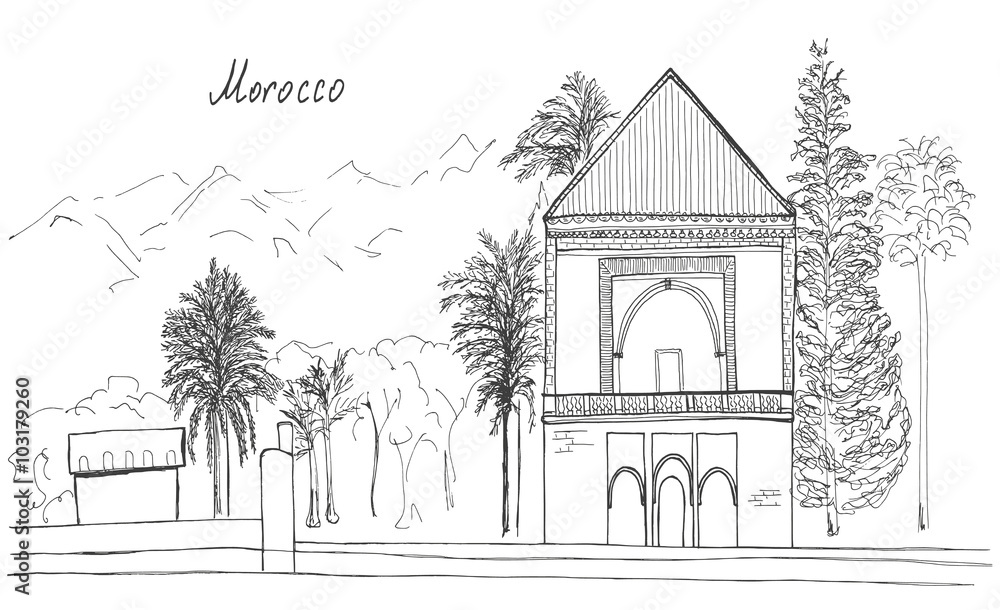 Hand drawn sketch of Morocco, Marrakech, Menara Gardens with lettering isolated