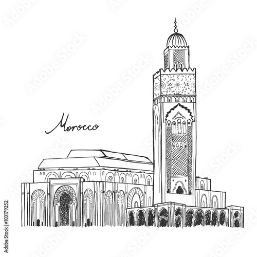 Hand drawn sketch of Koutoubia mosque in Morocco Marrakech with lettering vector photo