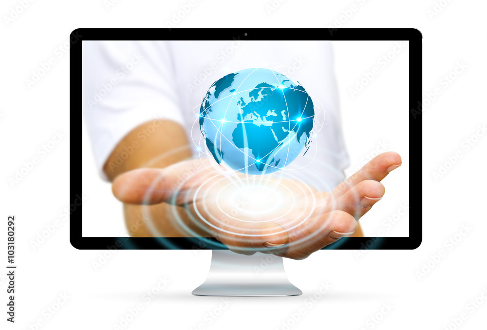 Businessman escaping from computer surfing on internet Businessman escaping from computer surfing on internet