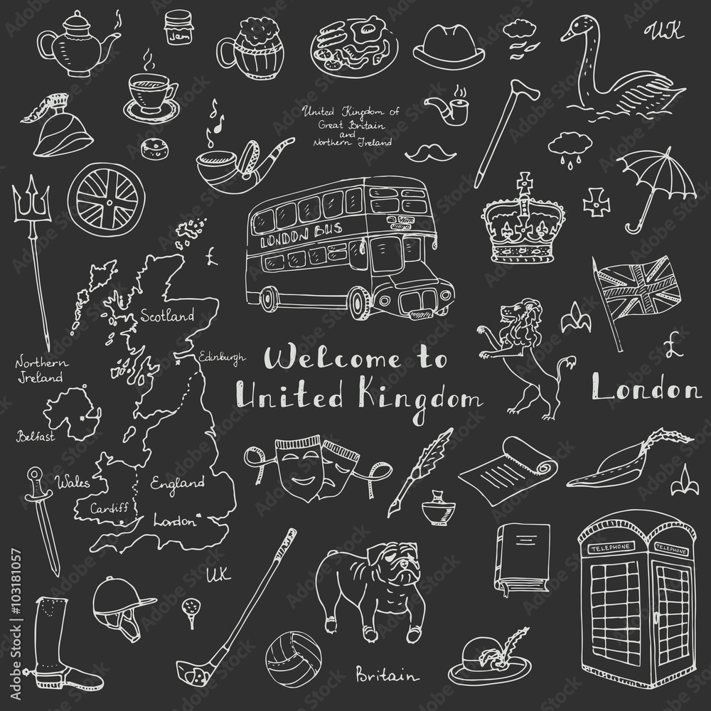 Hand drawn doodle United Kingdom set Vector illustration UK icons Welcome to London elements British symbols collection Tea Bus Horse riding Golf Crown Beer Lion Bulldog London bridge Big Ben Tower Hand drawn doodle United Kingdom set Vector illustration UK icons Welcome to London elements British symbols collection Tea Bus Horse riding Golf Crown Beer Lion Bulldog London bridge Big Ben Tower
