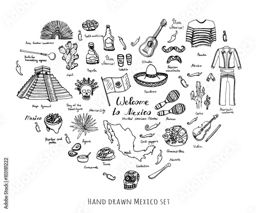 Hand drawn doodle Mexico set Vector illustration Sketchy mexican food icons United Mexican States elements Flag Maracas Sombrero Welcome to Mexico Maya Pyramid Aztec Tequila Agave Poncho Guacamole