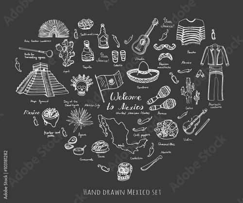 Hand drawn doodle Mexico set Vector illustration Sketchy mexican food icons United Mexican States elements Flag Maracas Sombrero Welcome to Mexico Maya Pyramid Aztec Tequila Agave Poncho Guacamole