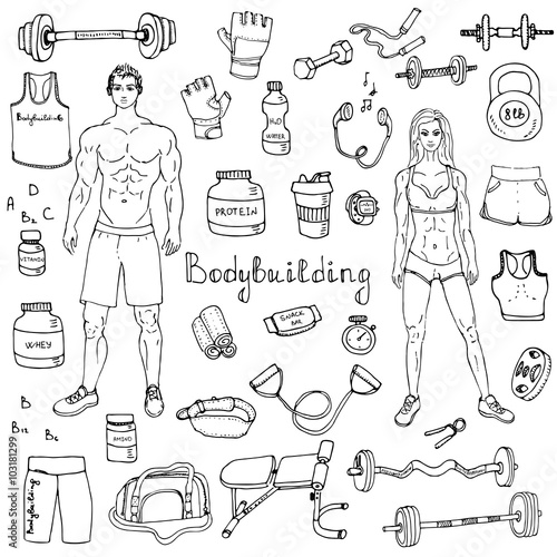 Hand drawn doodle Bodybuilding set Vector illustration sport icons Body building elements Fitness symbols collection Sport equipment Fitness and gym design Strong man and fit woman Weight lifting gear