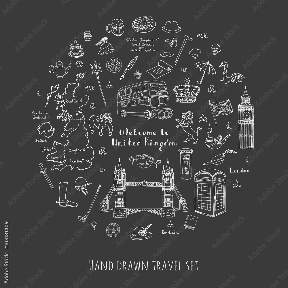 Hand drawn doodle United Kingdom set Vector illustration UK icons Welcome to London elements British symbols collection Tea Bus Horse riding Golf Crown Beer Lion Bulldog London bridge Big Ben Tower Hand drawn doodle United Kingdom set Vector illustration UK icons Welcome to London elements British symbols collection Tea Bus Horse riding Golf Crown Beer Lion Bulldog London bridge Big Ben Tower