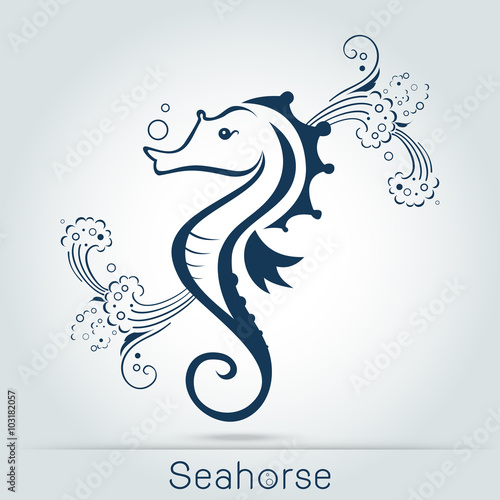 seahorse with wave and sponge, monochromatic. Vector illustration