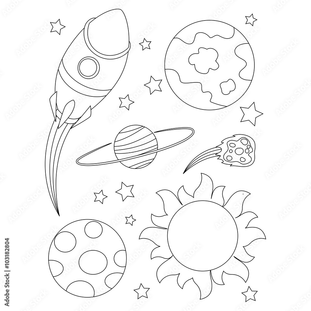 Fototapeta premium Kolorowanka przedstawione elementy przestrzeni kosmicznej