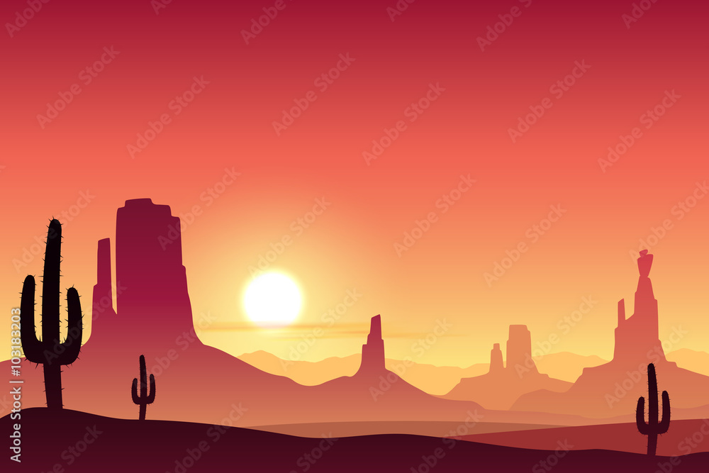 A Desert Landscape with Mountains and Sunset, Sunrise.