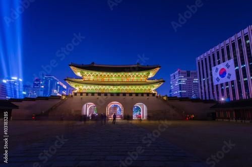 Korea,Gyeongbokgung palace at night in Seoul, South Korea
