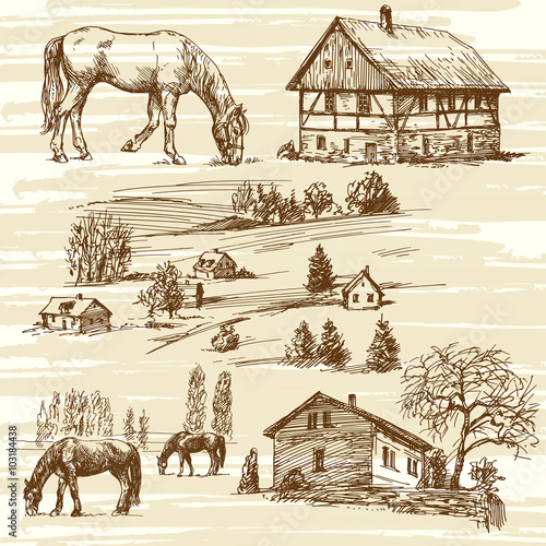 Farm and horses - hand drawn set