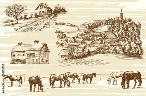 Farm and horses - hand drawn set