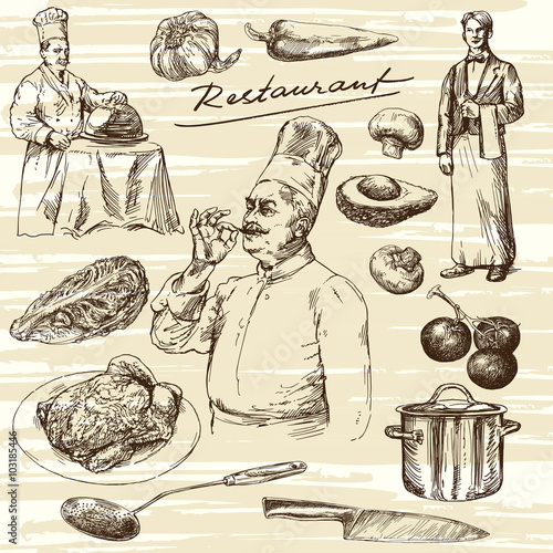 Hand drawn illustration.Food preparation. Chef portrait.