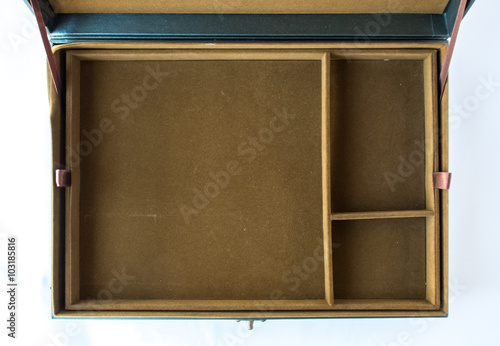 Top View of an Empty Green Old Box with Brown Fabric Space for use in Layouts to Display Product