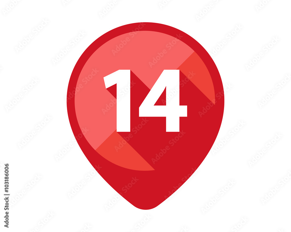 Flat Icons with long shadow. Red pin calendar number 14 Flat Icons with long shadow. Red pin calendar number 14