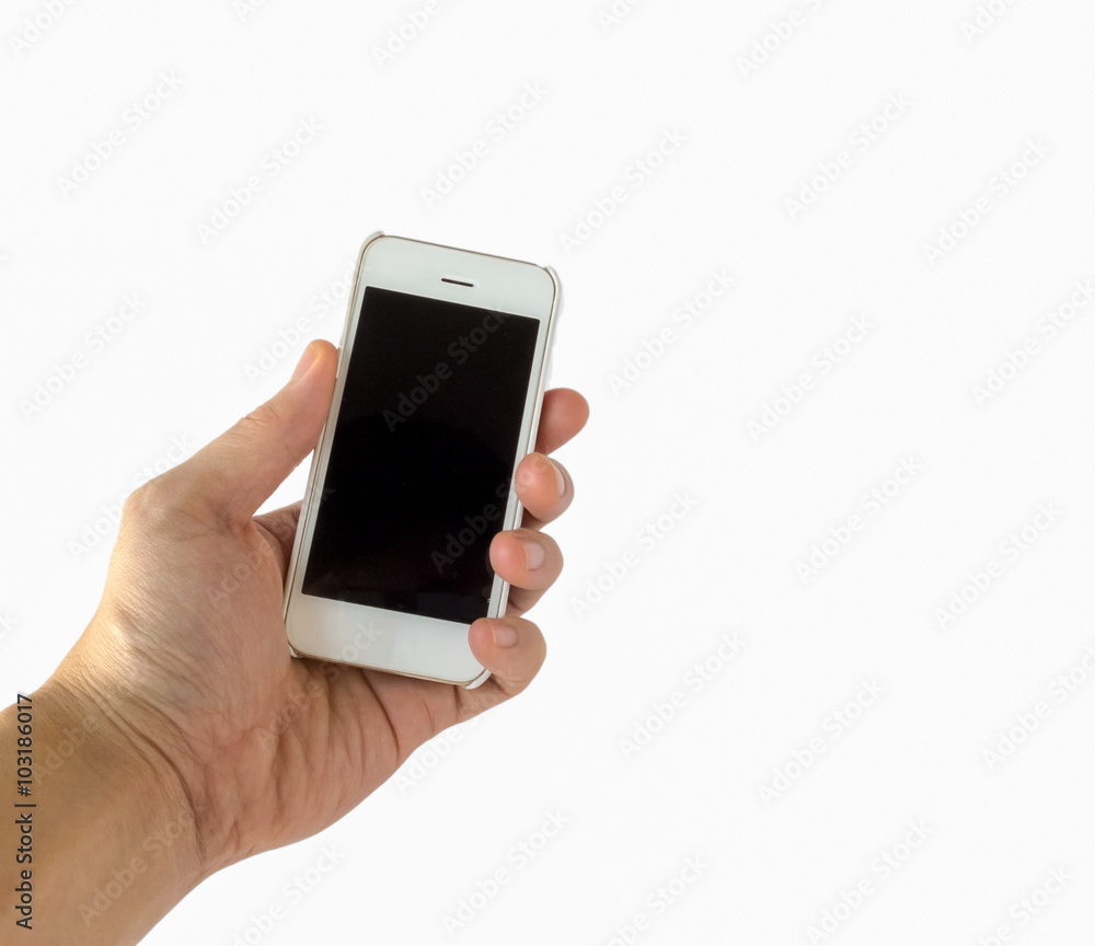 Male Hand Holding White Smartphone with Blank Black Screen on White Background Male Hand Holding White Smartphone with Blank Black Screen on White Background