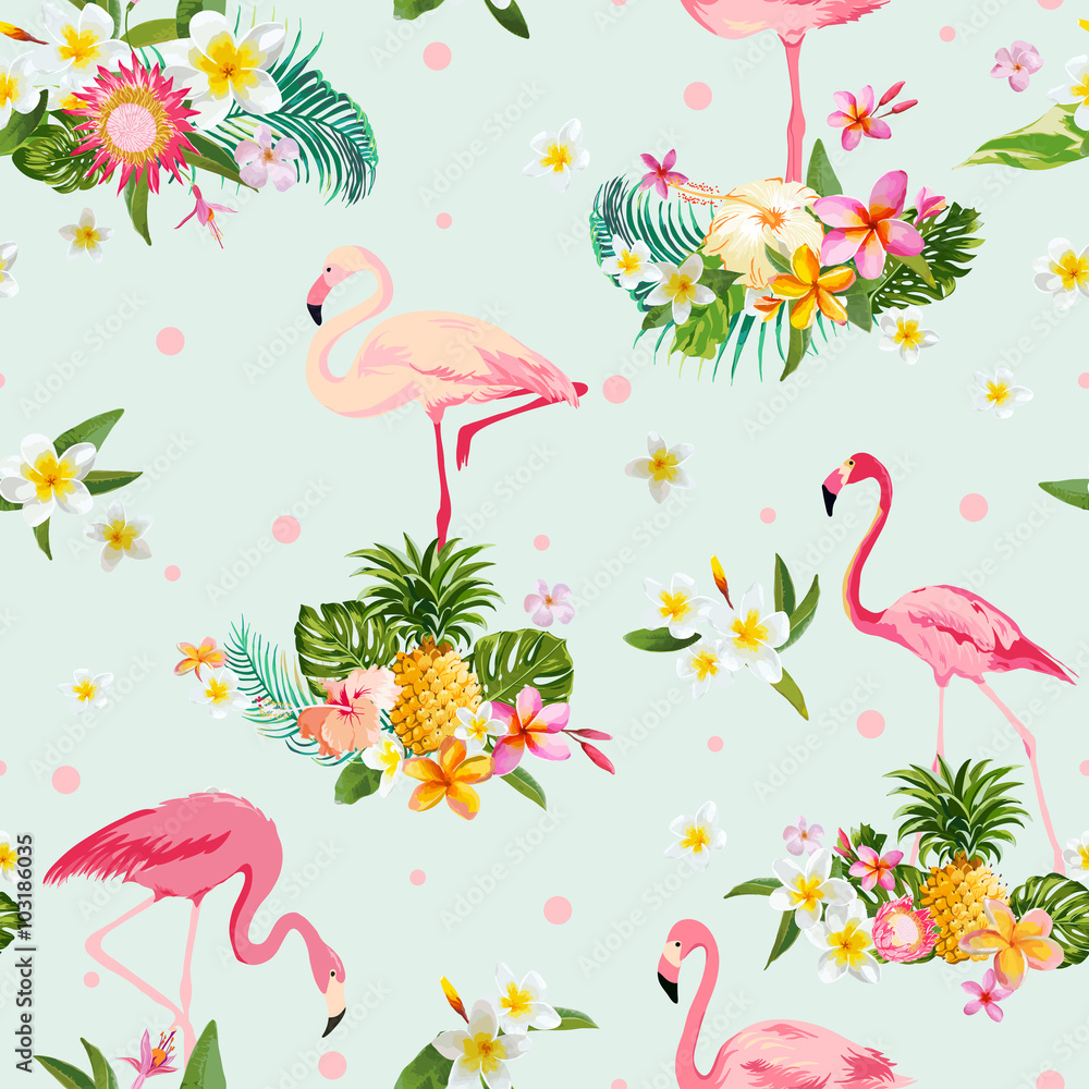 Naklejka premium Flamingo ptak i tropikalne kwiaty tło - retro wzór