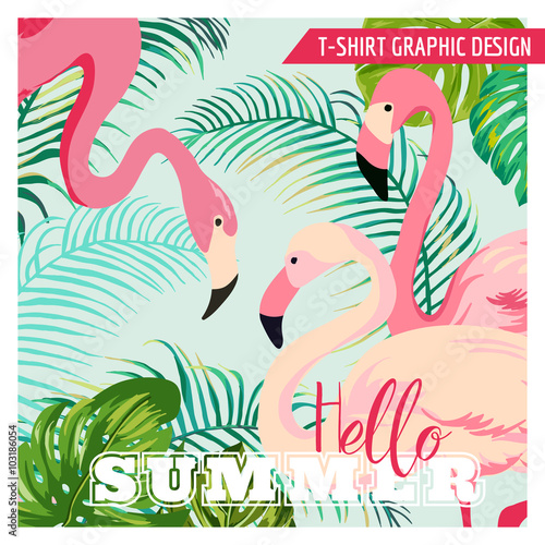 Fototapeta Naklejka Na Ścianę i Meble -  Tropical Graphic Design - Flamingo and Tropical Flowers - for t-shirt