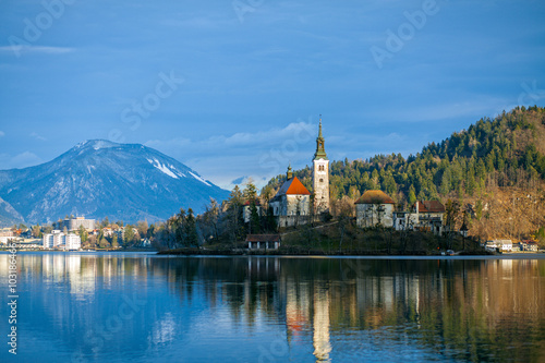 Panoramic view on lake Bled and church in Slovenia
