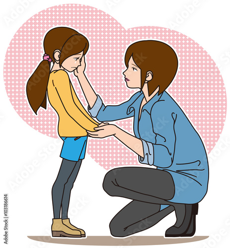 もう泣かないのよ。母親が娘を優しくなぐさめている情景。（背景有り）。（Don't cry, my honey. Mother is comforted gently daughter . (The Addition of background.)