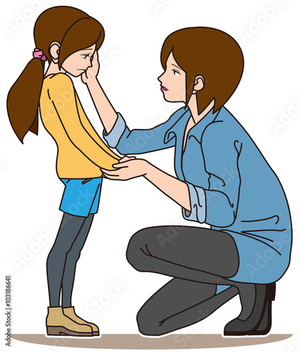 もう泣かないのよ。母親が娘を優しくなぐさめている情景。(Don't cry, my honey. Mother is comforted gently daughter . )
