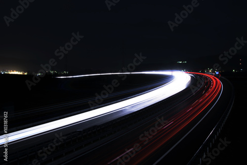 the car s light trails on the street long exposure