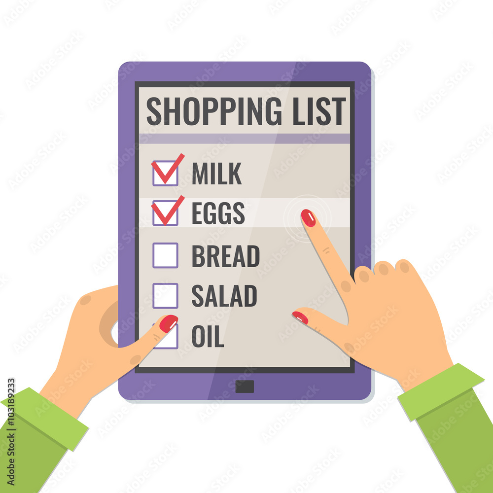Shopping list. Application for shopping on tablet compute. Icon in flat style, vector illustration. Shopping list. Application for shopping on tablet compute. Icon in flat style, vector illustration.