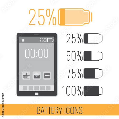 Battery icons set. Smartphone battery icon at 25% charge. Vector illustration in flat style.